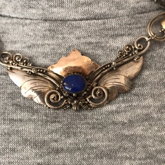 Antique Art Nouveau Sterling Silver and Gold-tone Lapis Necklace - Picture 6 of 10